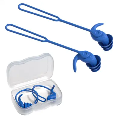 Vodoodporni plavalni čepki z vrvico - zasnova proti izgubi Blue