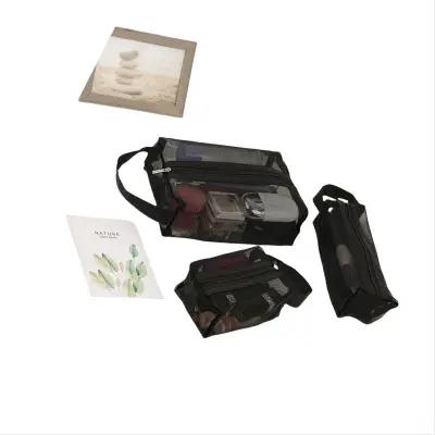 Elegantni komplet treh mrežastih kozmetičnih torbic za potovanja in shranjevanje Black