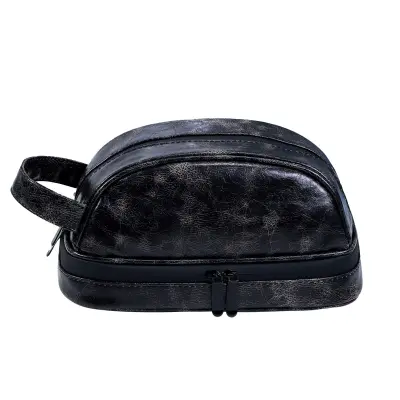 Črna PU Usnjena Moška Potovalna Torbica za Toaletne Pripomočke - Vodoodporna