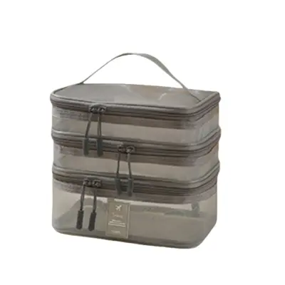 Prenosna 3-slojna torba za organiziranje ličil - Potovalna kozmetična torba Grey