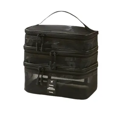 Prenosna 3-slojna torba za organiziranje ličil - Potovalna kozmetična torba Black