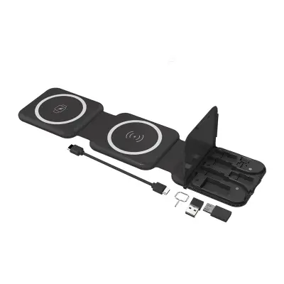 3-v-1 magnetni brezžični polnilnik za telefon, slušalke in uro Black