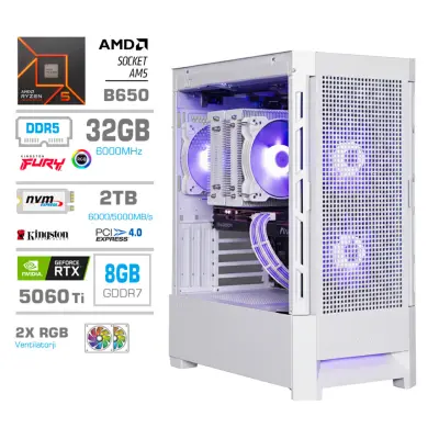 Računalnik MEGA MT S8 R5-9600X/RTX5060Ti/32GB-DDR5/2TB-4.0/750W/Brez OS/bela RGB