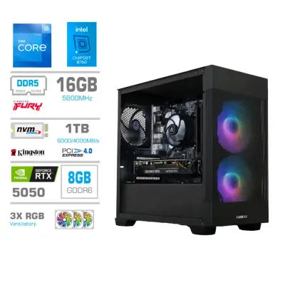 Računalnik MEGA MT S7X i5-12400F/RTX5050/16GB/1TB-4.0/750W/Brez OS/črna RGB