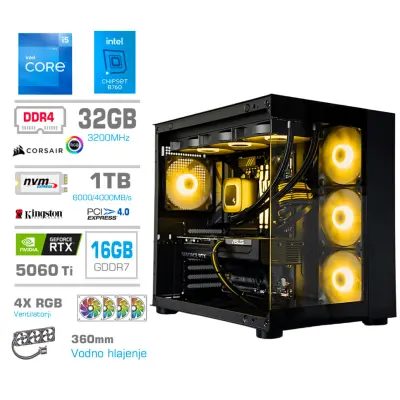 Računalnik MEGA MT S5 i5-12600K/RTX5060Ti-16GB/16GB/1TB-4.0/750W/Brez OS/črna RGB + Estetski napajalni kabli [Rumena / Črna)