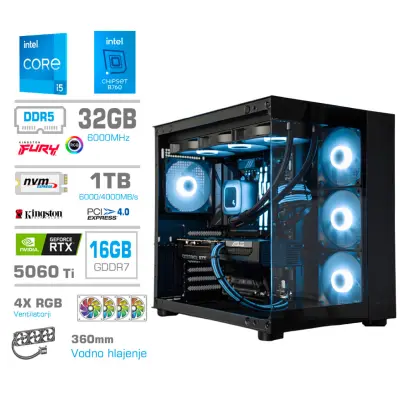Računalnik MEGA MT S5 i5-14600K/RTX5060Ti-16GB/32GB-DDR5/1TB-4.0/750W/Brez OS/črna RGB Estetski napajalni kabli [Svetlo modra / Črna]