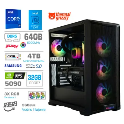 Računalnik MEGA TWR S10 i9-14900K/RTX5090/64GB-DDR5/4TB-5.0/1050W/Brez O/rdeča črna zelena / črna RGB