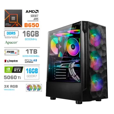 Računalnik MEGA MT S7 R5-7600X/RTX5060Ti-16GB/16GB-DDR5/1TB-4.0/750W/Brez OS RGB