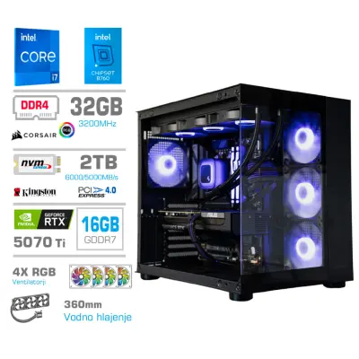 Računalnik MEGA MT S5 i7-14700/RTX5070Ti/32GB/2TB-4.0/750W/Brez OS/črna RGB + Estetski napajalni kabli [Vijolična / Črna)