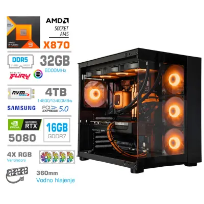 Računalnik MEGA MT S5 R9-9950X/RTX5080/32GB-DDR5/4TB/1050W/Brez OS/črna RGB + Estetski napajalni kabli [Oranžna / Črna]