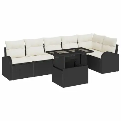 vidaXL Vrtna sedežna garnitura z blazino 7 pcs Črna Poly ratan