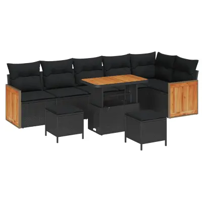 vidaXL Vrtna sedežna garnitura z blazino 9 pcs Črna