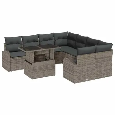 vidaXL Vrtna sedežna garnitura z blazino 9 pcs Siva Poliratan
