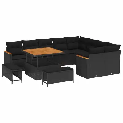 vidaXL Vrtna sedežna garnitura z blazino 12 pcs Črna Poliratan