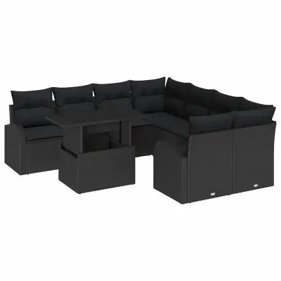 vidaXL Vrtna sedežna garnitura z blazino 9 pcs Črna Poliratan
