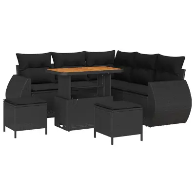 vidaXL Vrtna sedežna garnitura z blazino 8 pcs Črna poli ratan