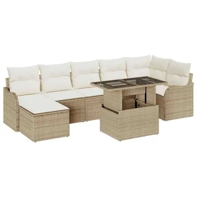 vidaXL Vrtna sedežna garnitura z blazino 8 pcs Bež Poly ratan