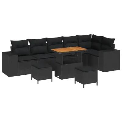 vidaXL Vrtna sedežna garnitura z blazino 9 pcs Črna poli ratan