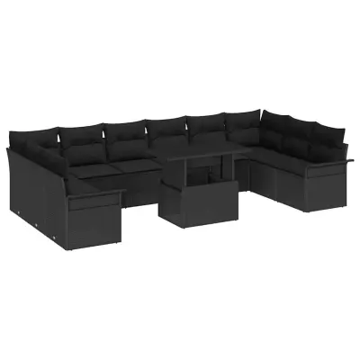 vidaXL Vrtna sedežna garnitura z blazino 11 pcs Črna Poliratan