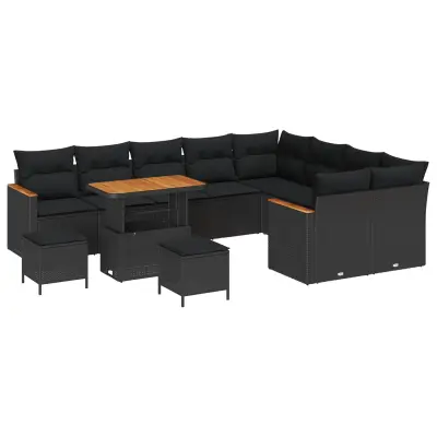 vidaXL Vrtna sedežna garnitura z blazino 12 pcs Črna Poliratan