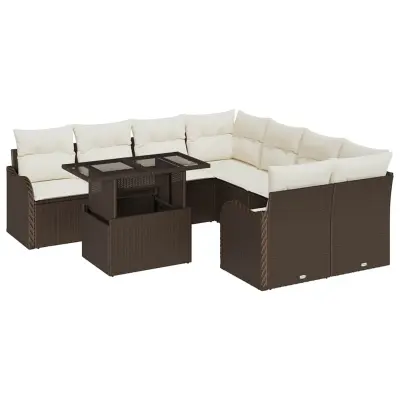 vidaXL Vrtna sedežna garnitura z blazino 9 pcs Rjava Poliratan
