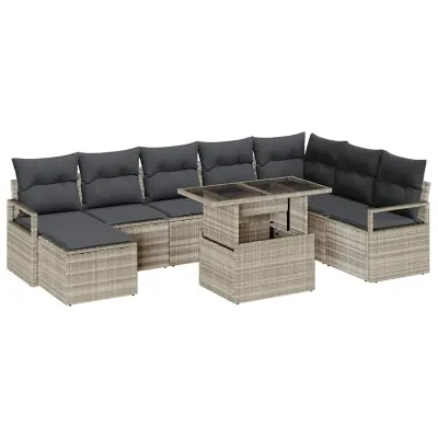 vidaXL Vrtna sedežna garnitura z blazino 9 pcs Svetlo siva