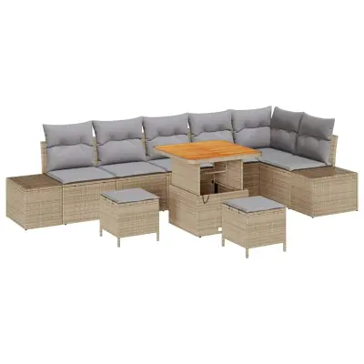 vidaXL Vrtna sedežna garnitura z blazino 9 pcs Bež Poly ratan
