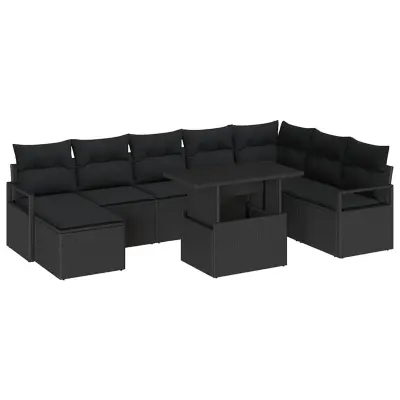 vidaXL Vrtna sedežna garnitura z blazino 9 pcs Črna