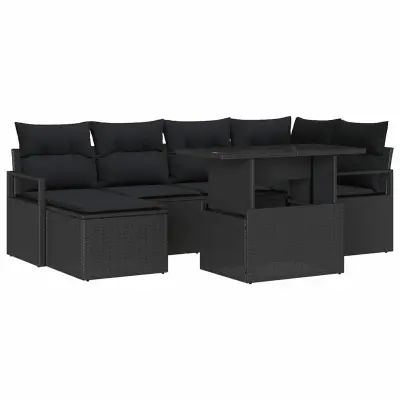 vidaXL Vrtna sedežna garnitura z blazino 7 pcs Črna