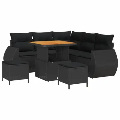 vidaXL Vrtna sedežna garnitura z blazino 8 pcs Črna poli ratan