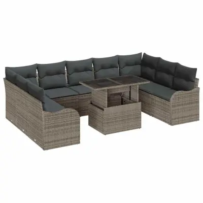 vidaXL Vrtna sedežna garnitura z blazino 10 pcs Siva Poliratan