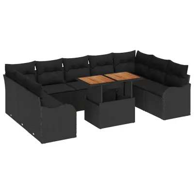 vidaXL Vrtna sedežna garnitura z blazino 10 pcs Črna