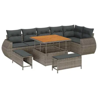 vidaXL Vrtna sedežna garnitura z blazino 9 pcs Siva Poliratan