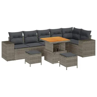 vidaXL Vrtna sedežna garnitura z blazino 9 pcs Siva poli ratan