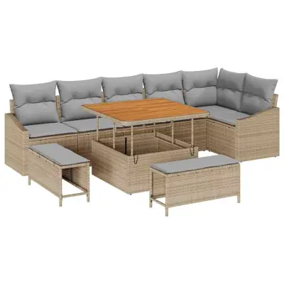 vidaXL Vrtna sedežna garnitura z blazino 9 pcs Bež Poly ratan