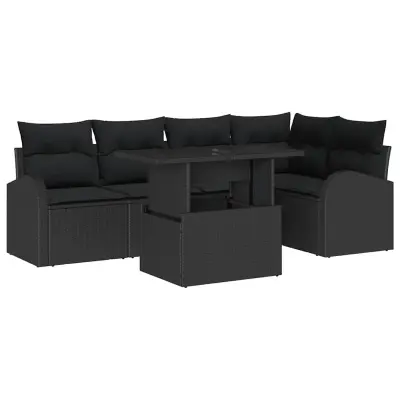 vidaXL Vrtna sedežna garnitura z blazino 6 pcs Črna Poly ratan