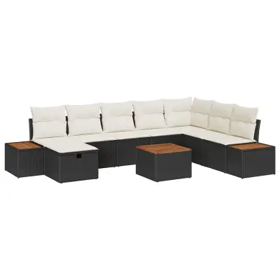 vidaXL Vrtna sedežna garnitura z blazino 9 pcs Črna Poly ratan