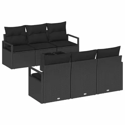 vidaXL Vrtna sedežna garnitura z blazino 7 pcs Črna poli ratan