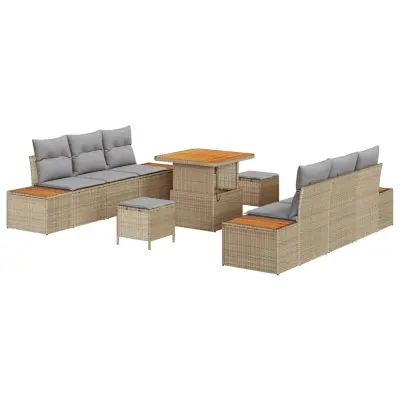 vidaXL Vrtna sedežna garnitura z blazino 9 pcs Bež Poly ratan