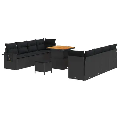 vidaXL Vrtna sedežna garnitura z blazino 11 pcs Črna poli ratan