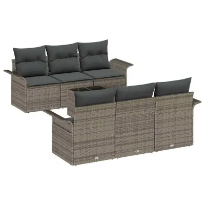 vidaXL Vrtna sedežna garnitura z blazino 7 pcs Siva poli ratan
