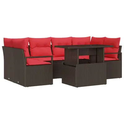 vidaXL Vrtna sedežna garnitura 7 pcs Rjava in rdeča poli ratan