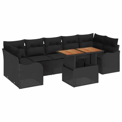 vidaXL Vrtna sedežna garnitura z blazino 8 pcs Črna poli ratan
