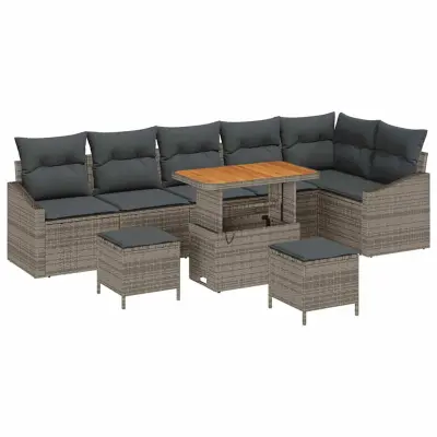 vidaXL Vrtna sedežna garnitura z blazino 9 pcs Siva Poly ratan