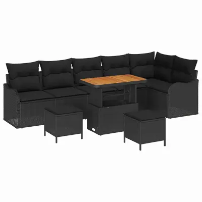 vidaXL Vrtna sedežna garnitura z blazino s shranjevanjem 9 pcs Črna
