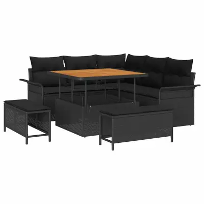 vidaXL Vrtna sedežna garnitura z blazino s shranjevanjem 8 pcs Črna