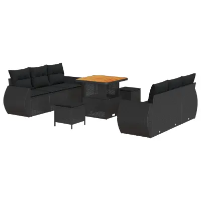 vidaXL Vrtna sedežna garnitura z blazino 9 pcs Črna poli ratan