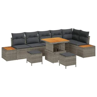 vidaXL Vrtna sedežna garnitura z blazino 9 pcs Siva Poly ratan