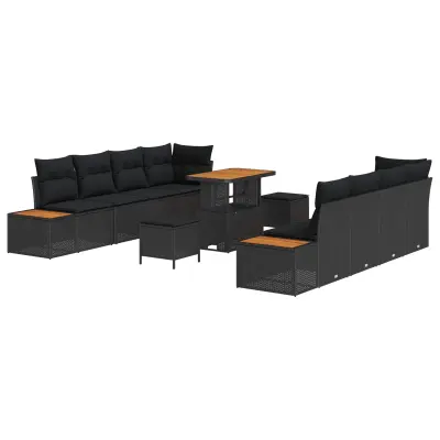 vidaXL Vrtna sedežna garnitura z blazino 11 pcs Črna Poly ratan
