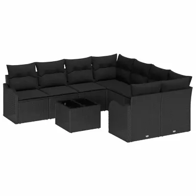 vidaXL Vrtna sedežna garnitura z blazino 9 pcs Črna poli ratan